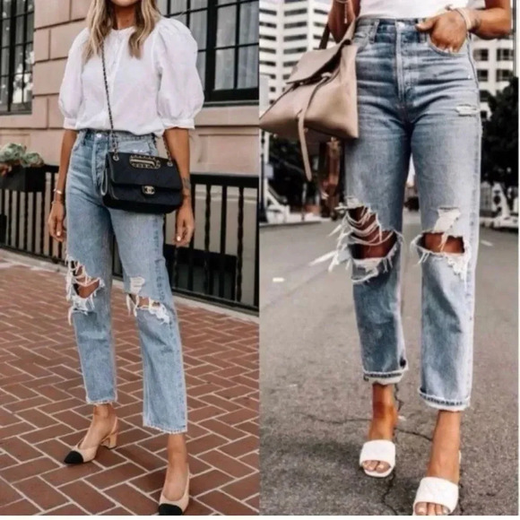 GOLDE 90's Mid Rise Loose Fit Cotton Ripped Leg Jeans - Picture 4 of 14